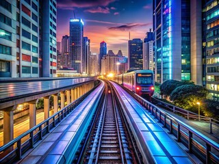 Fototapeta premium Night Photography Elevated Train, Cityscape, Rapid Transit, Railway, Modern Transportation, Urban Scenery, Night Lights, Steel Structure, Illuminated Tracks