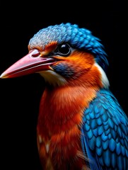 Fototapeta premium Close-up of a vibrant kingfisher bird with blue and orange feathers on a black background