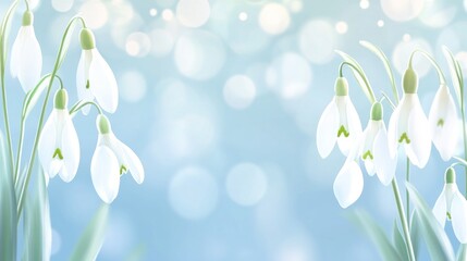 Fototapeta premium Delicate snowdrop blossoms on a soft blue bokeh background.