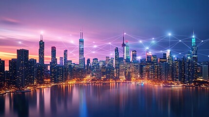Obraz premium A city skyline at dusk, with glowing blue network connections linking buildings and streets, symbolizing the integration of smart technology in urban life. 