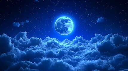 Full moon shining brightly over a sea of clouds at night, surrounded by stars.