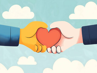 Two hands, one yellow and one white, hold a red heart against a blue sky with clouds, symbolizing love and connection.