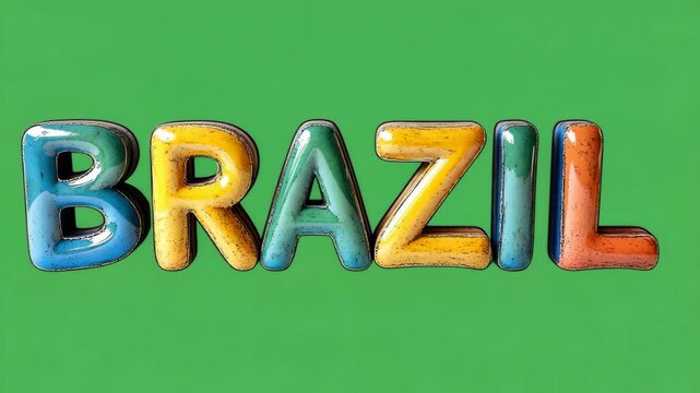Multi-colored Brazil wordmark on solid green backdrop, playful style, for branding or promotional purposes