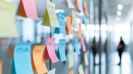 Colorful sticky notes on glass wall in office environment, showcasing ideas and reminders. vibrant colors create engaging atmosphere for collaboration and creativity