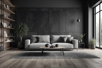 Monochrome living room with wood and grey tiling accents