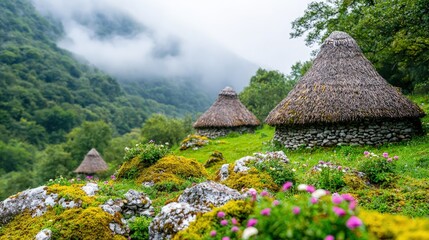 Stone huts with thatched roofs nestled in a misty mountain valley.