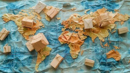 Global logistics strategy shipping packages across the world map infographic visual representation creative environment aerial view