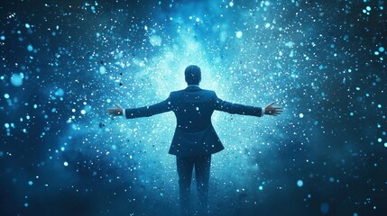 Businessman embracing digital transformation with open arms in abstract space