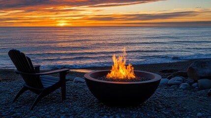 Cozy Fire Pit by the Ocean at Sunset with Vibrant Colors and Waves
