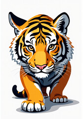 Obraz premium Majestic Tiger with Stripes on White Background, 2D Vector Wild Animal Illustration 