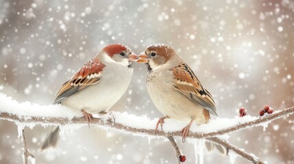 Adorable Sparrows Sharing Food on a Snowy Winter Day