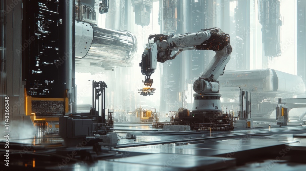 Poster industrial automation robotic arm in high-tech factory setting futuristic environment dynamic perspe