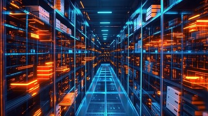 Fototapeta premium A digital data storage room with rows of shelves filled with boxes, glowing in orange and blue lights. 