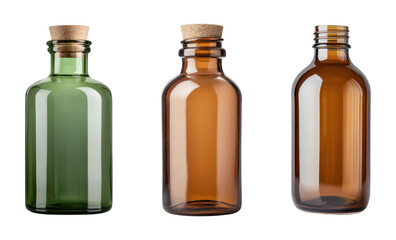 Assorted glass bottles with cork stoppers on a black background