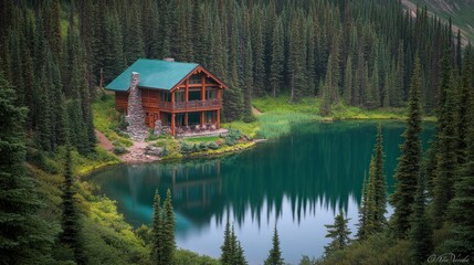 Fototapeta premium Secluded lakefront log cabin nestled in a lush evergreen forest.