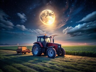 Obraz premium Night Tractor Field Photography: Stunning Rural Landscape Images, Dark Farm Scenery, Illuminated Tractor at Night, Agricultural Machinery, Nighttime Tractor Shots