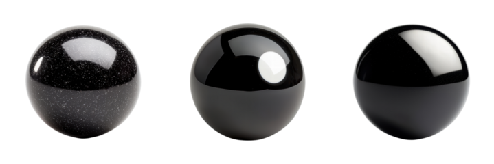 Three glossy black spheres with varied textures and reflections