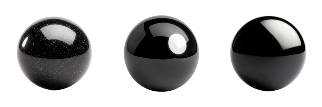 Three glossy black spheres with varied textures and reflections