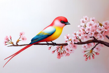 Colorful bird perched on cherry blossom branch, showcasing vibrant plumage and delicate flowers. serene and beautiful scene of nature artistry
