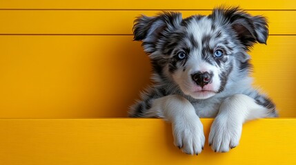 Smiling puppy dog with bright eyes and floppy ears posed adorably on an isolated yellow background creating a lively and cheerful atmosphere