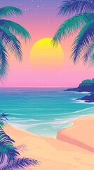 Fototapeta premium Stunning illustration of a tropical beach at sunset with palm trees and a vibrant sky, perfect for travel and nature themes.