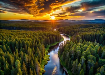 Obraz premium Norway Sunset Aerial: Cinematic Conifer Forest River Drone Footage