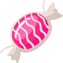 Shiny pink round candy with decorative white stripes wrapped in light gray paper with fluttering, ends is waiting to be unwrapped and enjoyed as a sweet treat