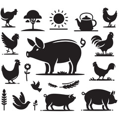Farm animals, sun, teapot, and plants icons.