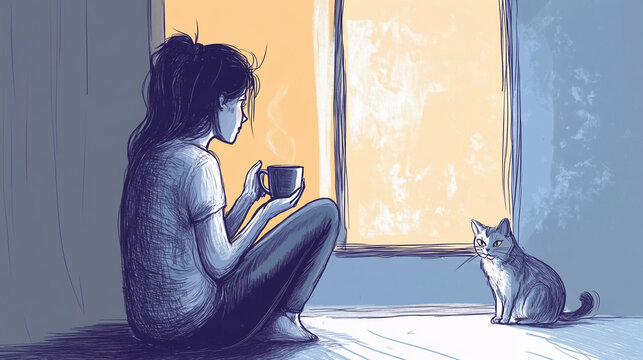 Cozy photo of a girl with a cat