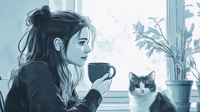 Cozy photo of a girl with a cat