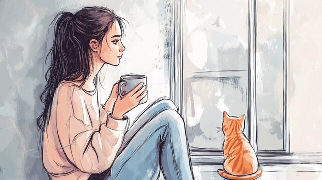 Cozy photo of a girl with a cat