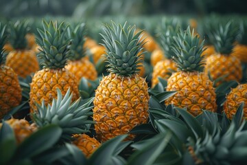 Obraz premium Ripe Pineapples Growing In A Lush Green Field