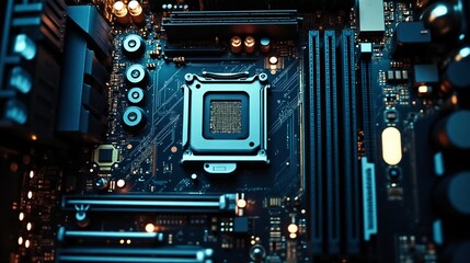 Close-up view of a computer motherboard with a processor socket and intricate circuitry details