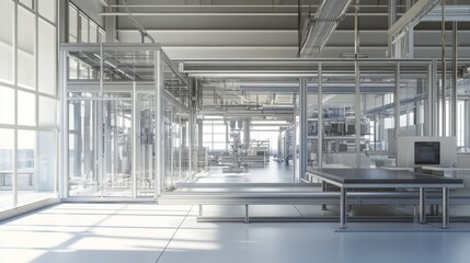 Industrial facility overview modern factory interior photography high-tech environment wide angle innovative design and structure