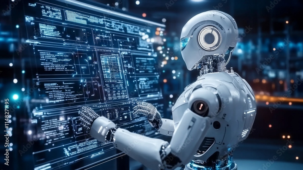 Poster robotic programming event technology hub digital interface futuristic environment close-up view ai d
