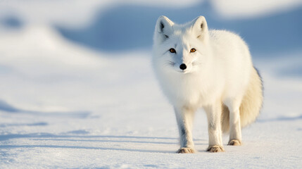 Obraz premium beautiful arctic fox standing on snow, showcasing its fluffy white fur and curious expression