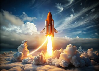 Orange Rocket Launch, Growth Chart, Success, 3D Render, Long Exposure, White Clouds