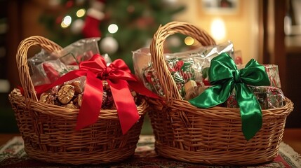 A photo of two baskets filled with Christmas treats and gifts.