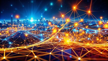 Orange Wireframe Plexus, Blue Digital Art, Night Photography, Warm Inviting Glow, Abstract Background