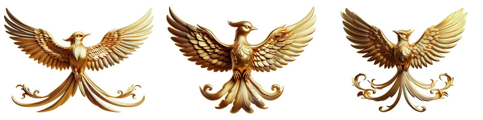 Obraz premium Golden Bird Emblem With Metallic Glossy Wings In High Resolution. Shiny golden bird emblem with metallic detailed wings in flying motion perfect for heraldic or decoration purposes