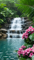 serene waterfall surrounded by lush greenery and vibrant pink flowers