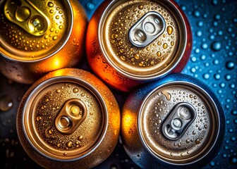 Obraz premium Overhead Shot Four Beer Cans, Craft Beer Cans, Top View Beer, Beer Can Photography, Flat Lay Beer, Beverage Photography, Ale Cans, Lager Cans, Beer Photo