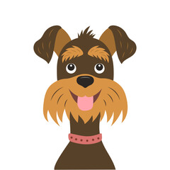 The dog's face is drawn in a flat style. Stylized character.