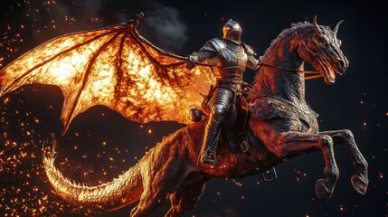 Obraz premium Knight on Fiery Dragon Horse: A Digital Painting of Fantasy Realm