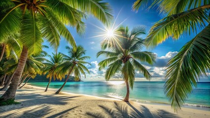 Fototapeta premium Palm Beach, Tropical Paradise, Summer Vacation, Ocean View, Luxury Resort, Sunny Beach, Relaxing Getaway, Coastal Scenery, Palm Trees, White Sand