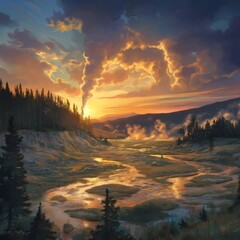 Golden Hour Geyser: A majestic geyser erupts, spewing steamy plumes against a backdrop of golden sunset and towering pines. The scene evokes a sense of wonder and the power of nature.