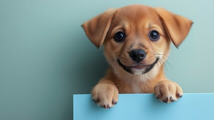 A cheerful Shiba Inu puppy with a curious expression peeking out from behind a vibrant blue banner on a soft blue pastel background for a cute composition