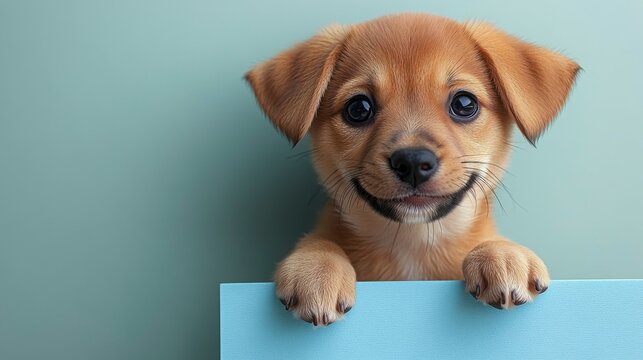 A cheerful Shiba Inu puppy with a curious expression peeking out from behind a vibrant blue banner on a soft blue pastel background for a cute composition