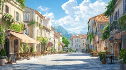 Sunny street in charming European village with cafes, flowers, and mountains in background.