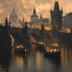 Fototapeta premium Prague's Enchanting Night: Fireworks illuminate the Charles Bridge, boats with glowing lanterns glide on the Vltava River, creating a magical, fairytale-like scene. 
